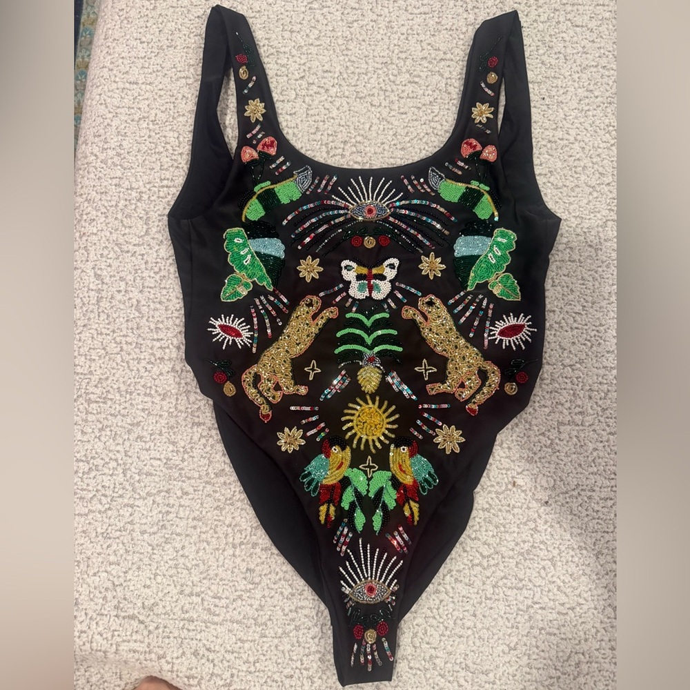 Oceanus Hand-Beaded Jungle One Piece Swimsuit – Black – Size L – Rare - Picture 2 of 11